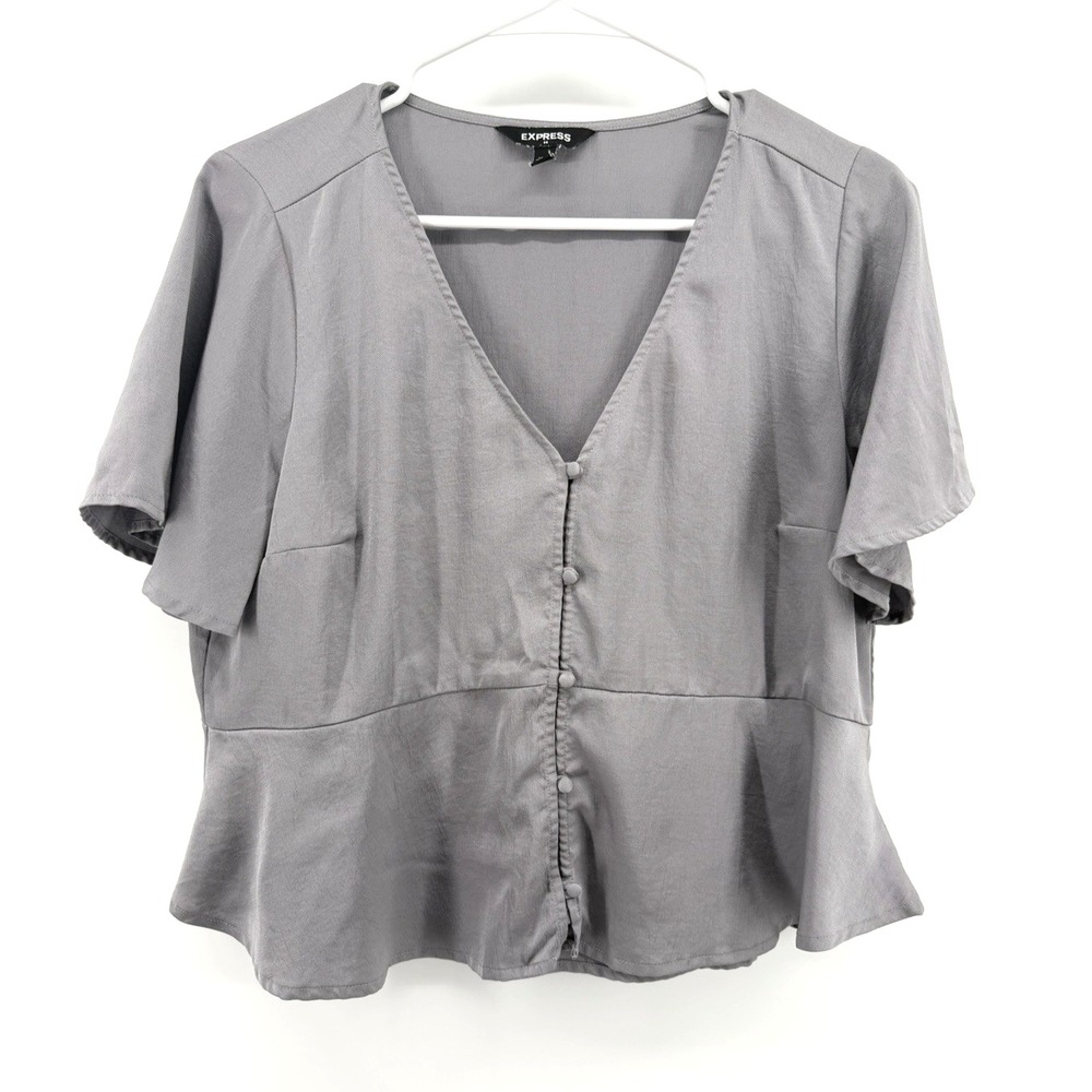 Express Gray Silvery Peplum Top Shimmer V Neck Button Oversized Preppy Women M